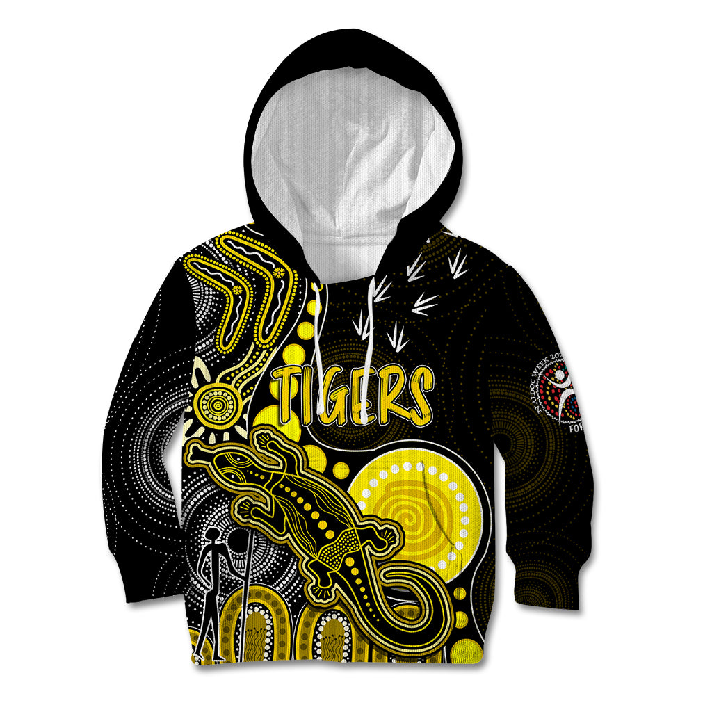 personalised-naidoc-week-2023-afl-tigers-kid-hoodie-aboriginal-dot-art-lizard-mix-boomerang