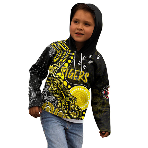 personalised-naidoc-week-2023-afl-tigers-kid-hoodie-aboriginal-dot-art-lizard-mix-boomerang