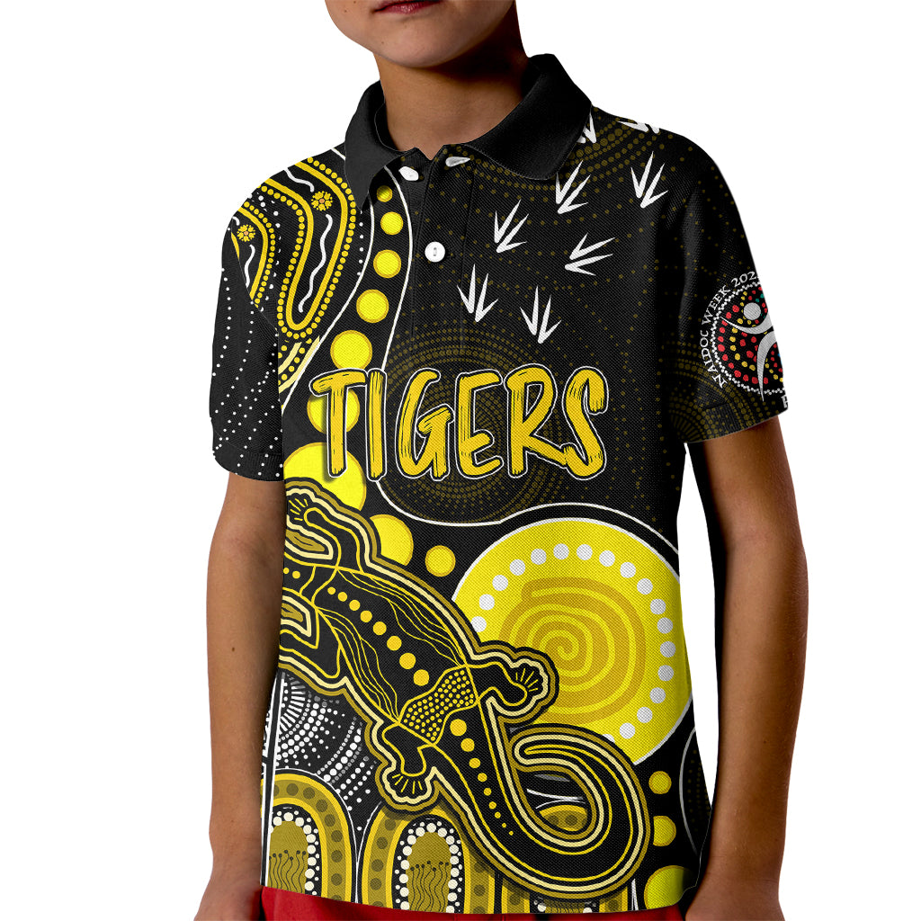 personalised-naidoc-week-2023-afl-tigers-kid-polo-shirt-aboriginal-dot-art-lizard-mix-boomerang