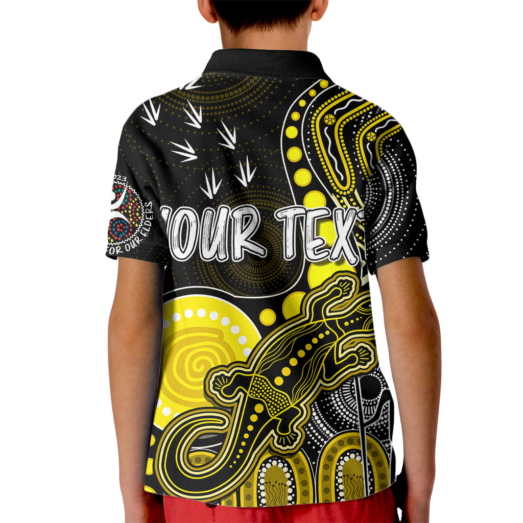 personalised-naidoc-week-2023-afl-tigers-kid-polo-shirt-aboriginal-dot-art-lizard-mix-boomerang