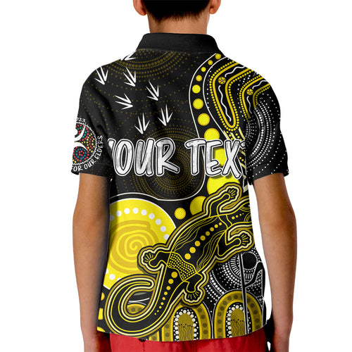personalised-naidoc-week-2023-afl-tigers-kid-polo-shirt-aboriginal-dot-art-lizard-mix-boomerang
