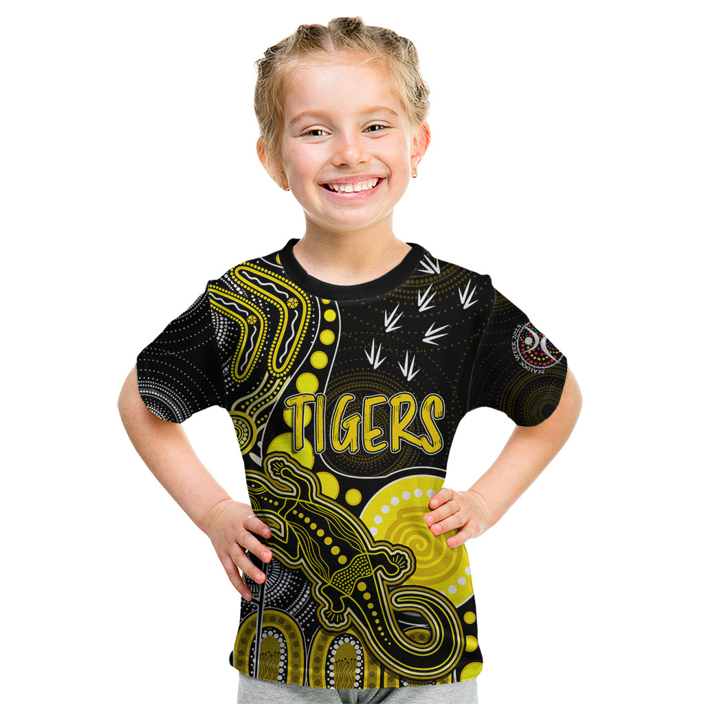 personalised-naidoc-week-2023-afl-tigers-kid-t-shirt-aboriginal-dot-art-lizard-mix-boomerang
