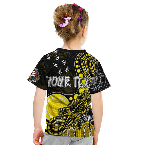 personalised-naidoc-week-2023-afl-tigers-kid-t-shirt-aboriginal-dot-art-lizard-mix-boomerang