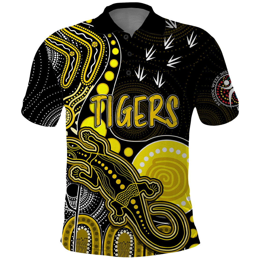 personalised-naidoc-week-2023-afl-tigers-polo-shirt-aboriginal-dot-art-lizard-mix-boomerang