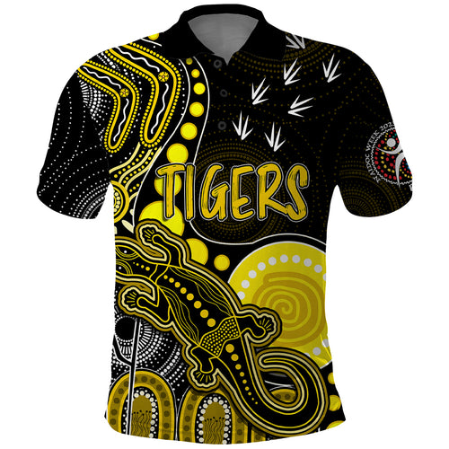 personalised-naidoc-week-2023-afl-tigers-polo-shirt-aboriginal-dot-art-lizard-mix-boomerang