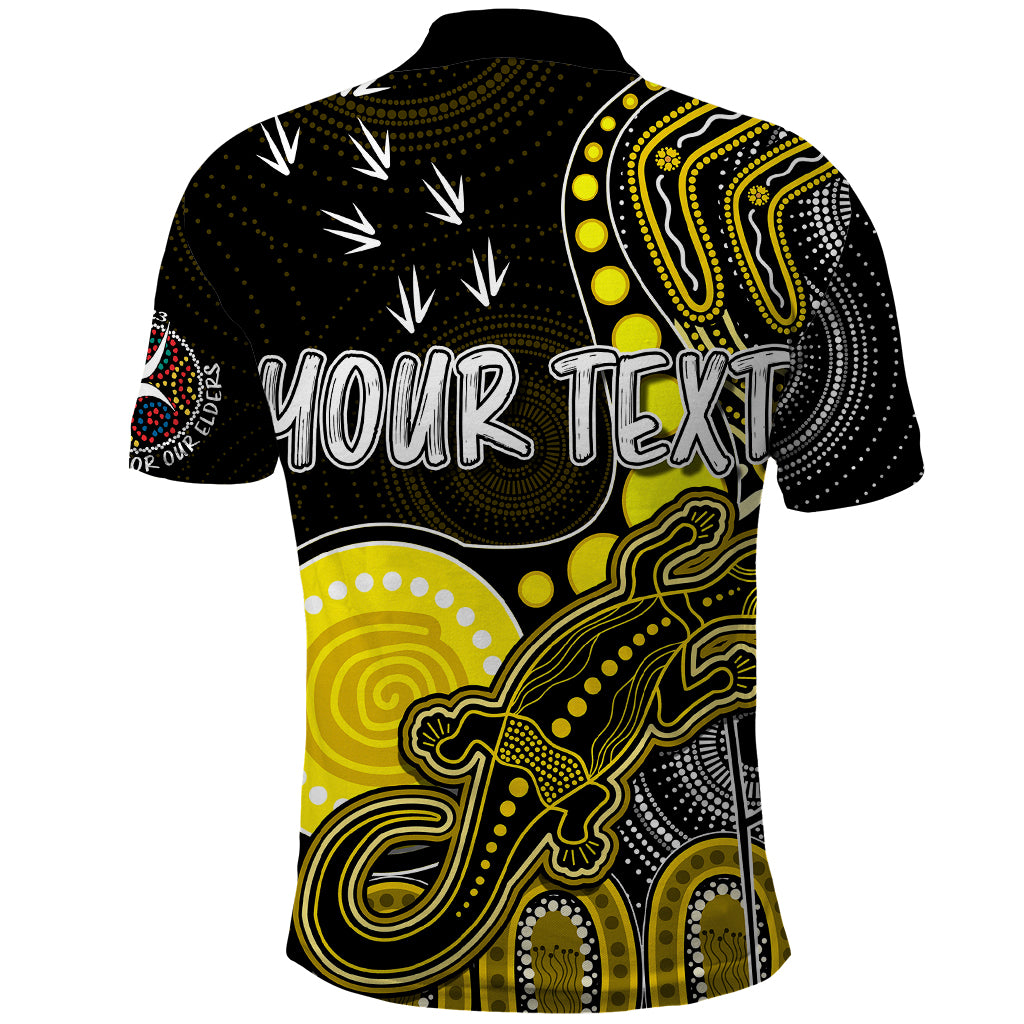 personalised-naidoc-week-2023-afl-tigers-polo-shirt-aboriginal-dot-art-lizard-mix-boomerang