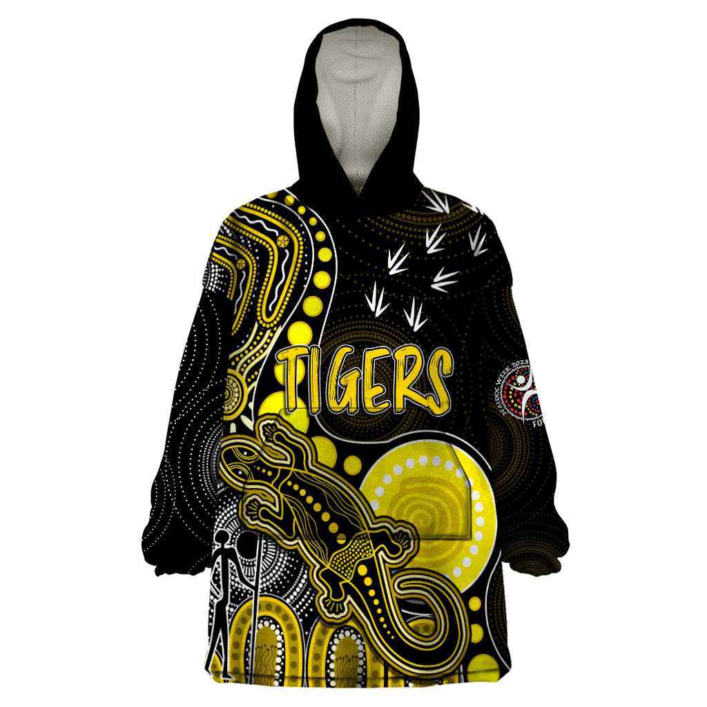 personalised-naidoc-week-2023-afl-tigers-wearable-blanket-hoodie-aboriginal-dot-art-lizard-mix-boomerang