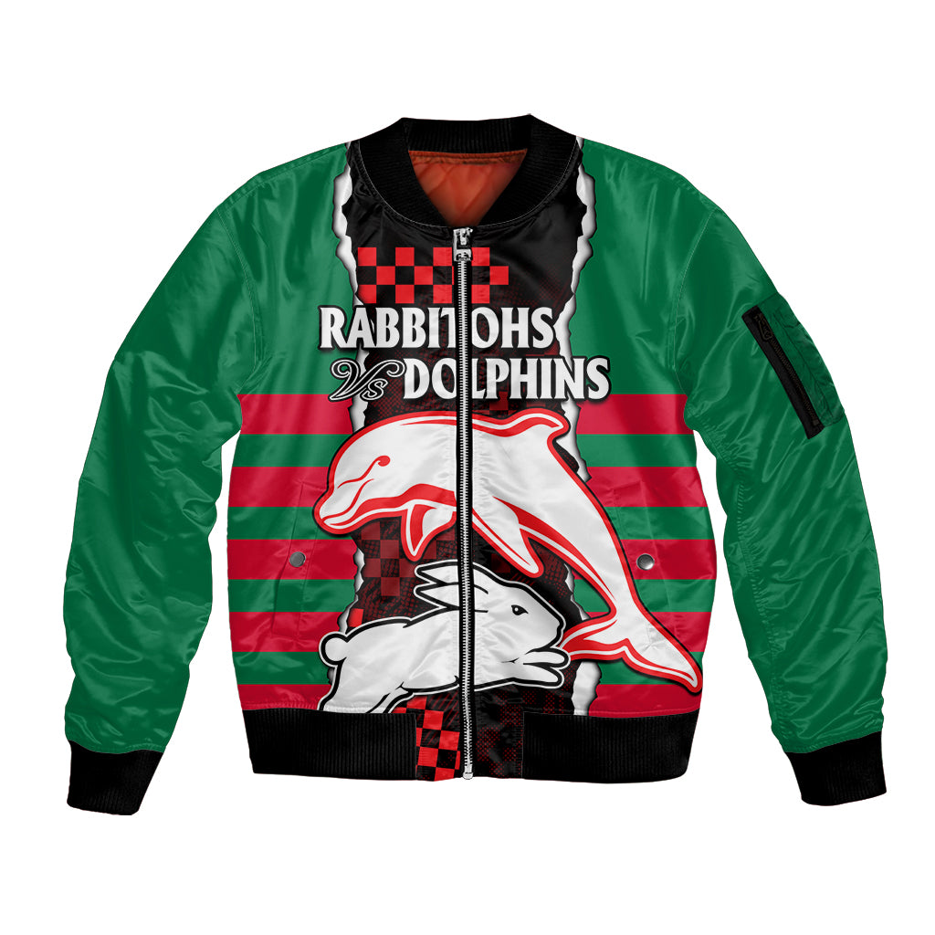 custom-text-and-number-nrl-combine-rabbitohs-and-dolphins-sleeve-zip-bomber-jacket