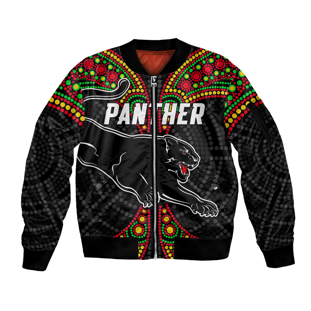 custom-text-and-number-panthers-liquorice-allsorts-rugby-aboriginal-sleeve-zip-bomber-jacket