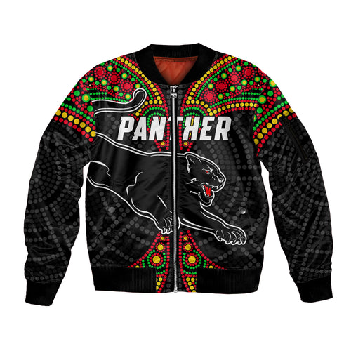 custom-text-and-number-panthers-liquorice-allsorts-rugby-aboriginal-sleeve-zip-bomber-jacket