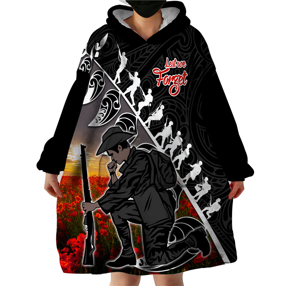 aotearoa-anzac-day-wearable-blanket-hoodie-maori-fern-with-poppy-vibe