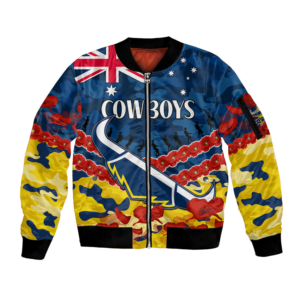 custom-text-and-number-cowboys-rugby-anzac-sleeve-zip-bomber-jacket-lest-we-forget