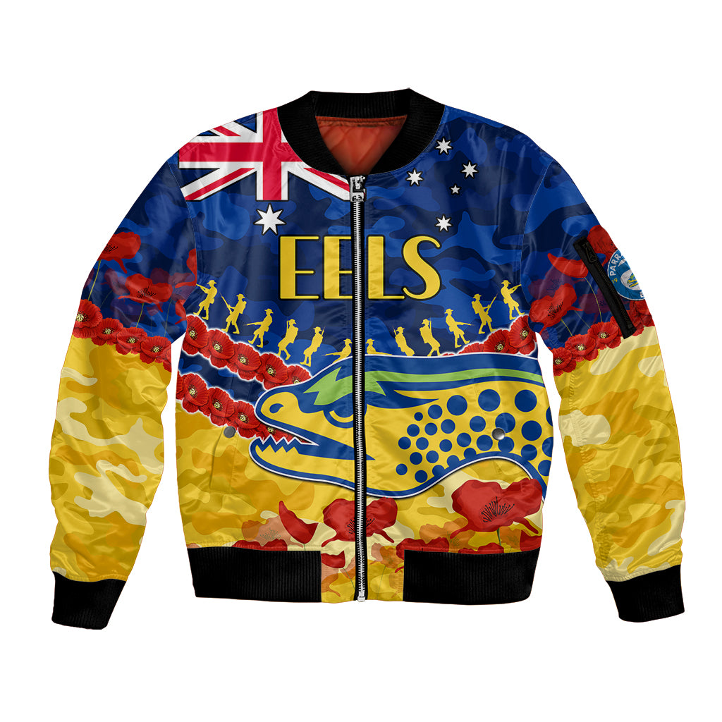 custom-text-and-number-eels-rugby-anzac-sleeve-zip-bomber-jacket-lest-we-forget
