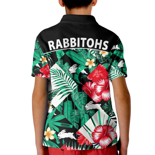 rabbitohs-rugby-kid-polo-shirt-fashion-tropical-jungle-flowers