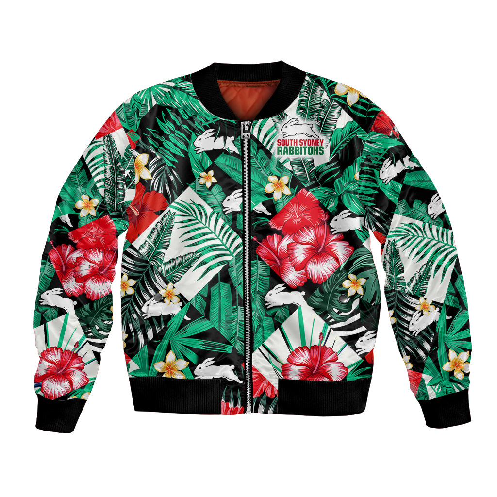 custom-personalised-rabbitohs-rugby-bomber-jacket-fashion-tropical-jungle-flowers