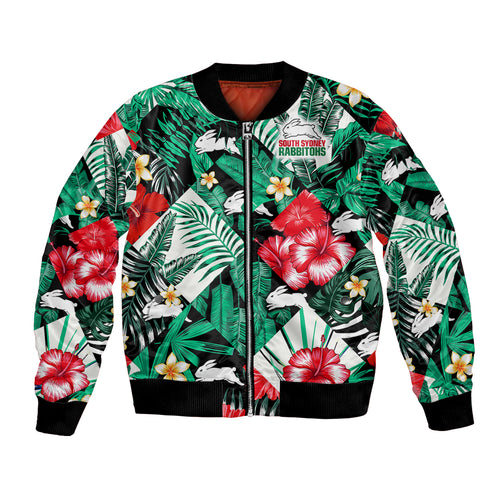 custom-personalised-rabbitohs-rugby-bomber-jacket-fashion-tropical-jungle-flowers