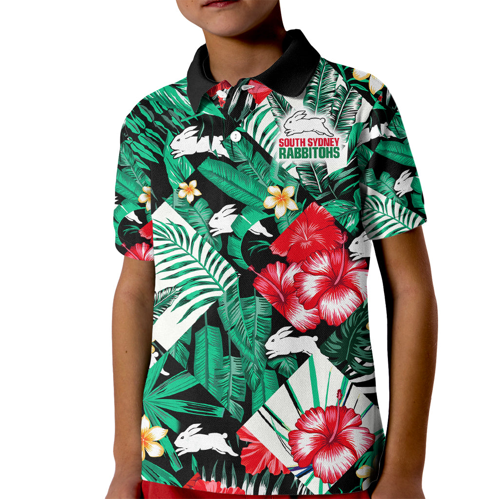 custom-personalised-rabbitohs-rugby-kid-polo-shirt-fashion-tropical-jungle-flowers
