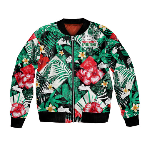 custom-personalised-rabbitohs-rugby-sleeve-zip-bomber-jacket-fashion-tropical-jungle-flowers