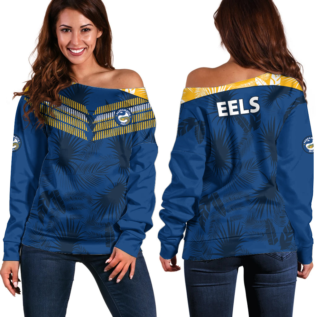 parramatta-eels-rugby-off-shoulder-sweater-simple-hawaiian-palms-leaf