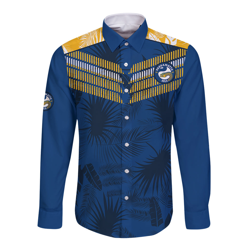custom-text-and-number-parramatta-eels-rugby-long-sleeve-button-shirt-simple-hawaiian-palms-leaf