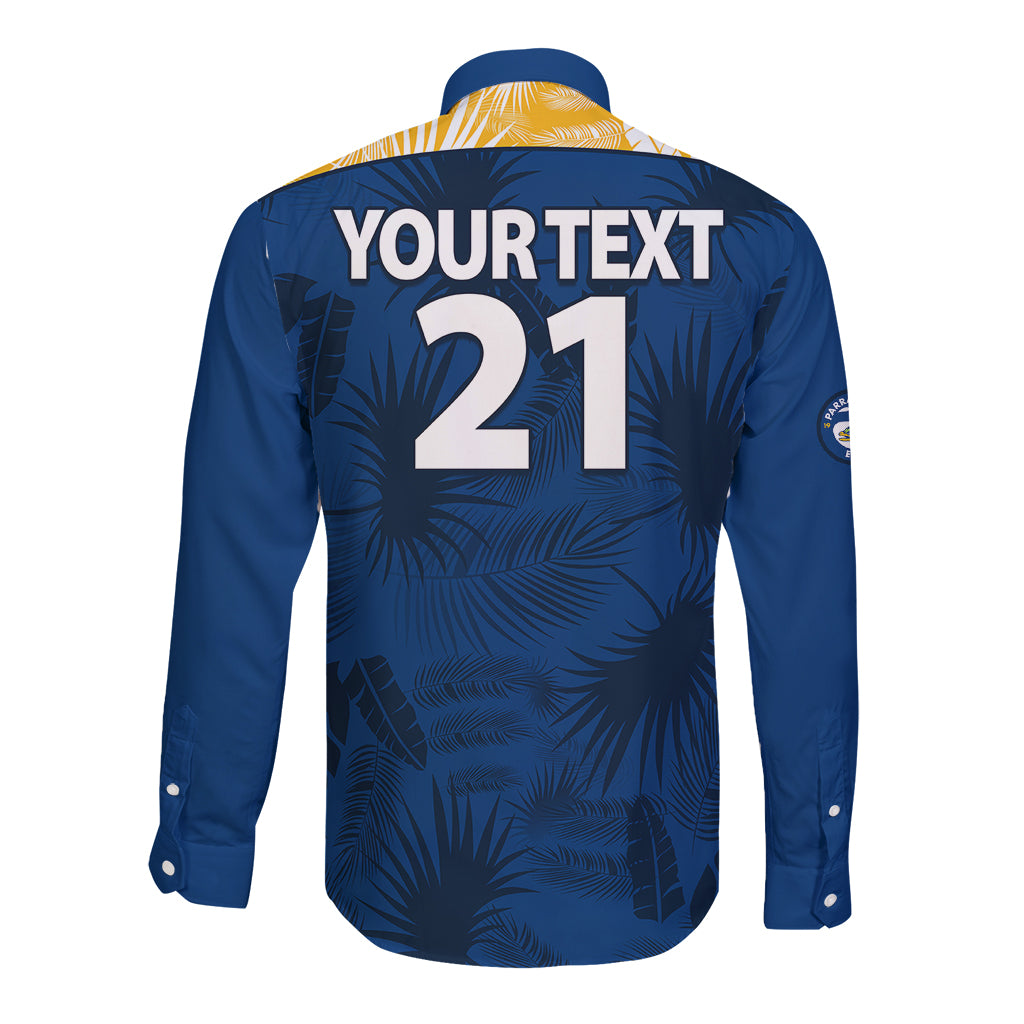 custom-text-and-number-parramatta-eels-rugby-long-sleeve-button-shirt-simple-hawaiian-palms-leaf