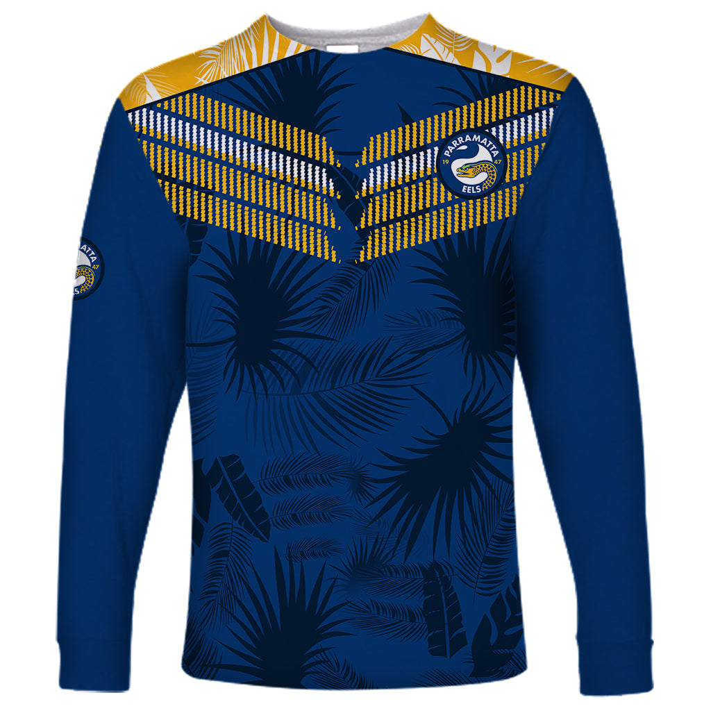 custom-text-and-number-parramatta-eels-rugby-long-sleeve-shirt-simple-hawaiian-palms-leaf