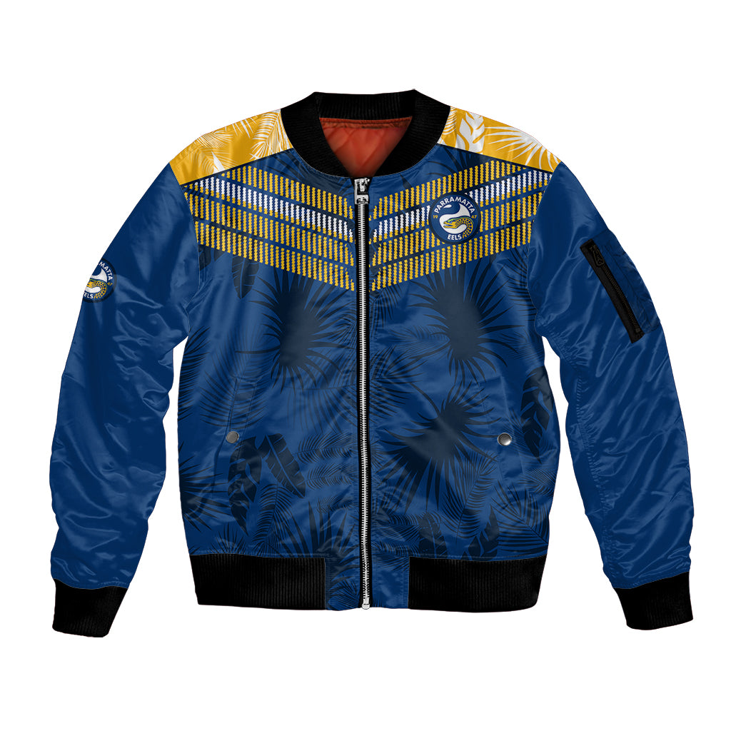 custom-text-and-number-parramatta-eels-rugby-sleeve-zip-bomber-jacket-simple-hawaiian-palms-leaf