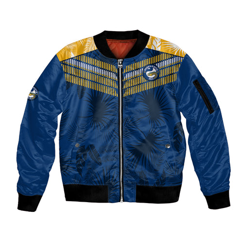 custom-text-and-number-parramatta-eels-rugby-sleeve-zip-bomber-jacket-simple-hawaiian-palms-leaf