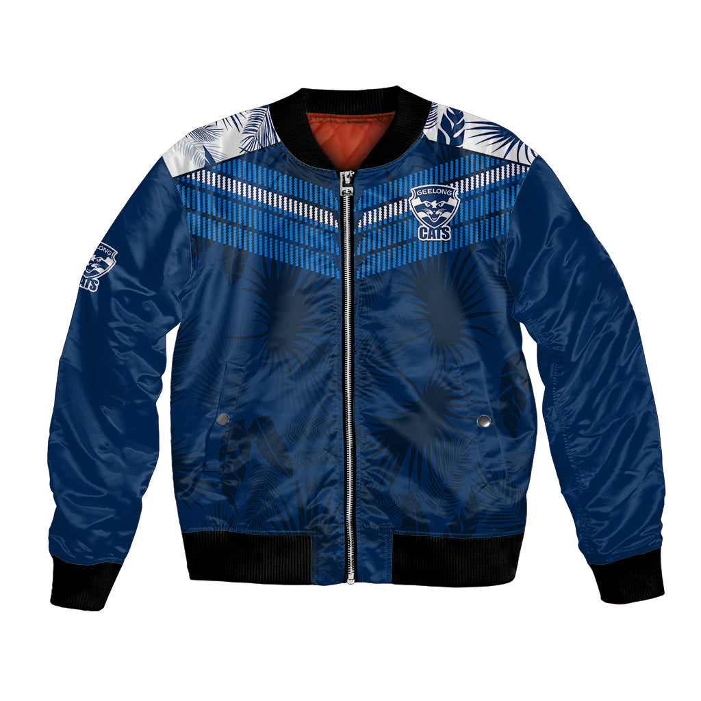custom-text-and-number-geelong-cats-football-bomber-jacket-simple-hawaiian-palms-leaf