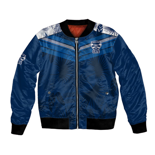 custom-text-and-number-geelong-cats-football-bomber-jacket-simple-hawaiian-palms-leaf