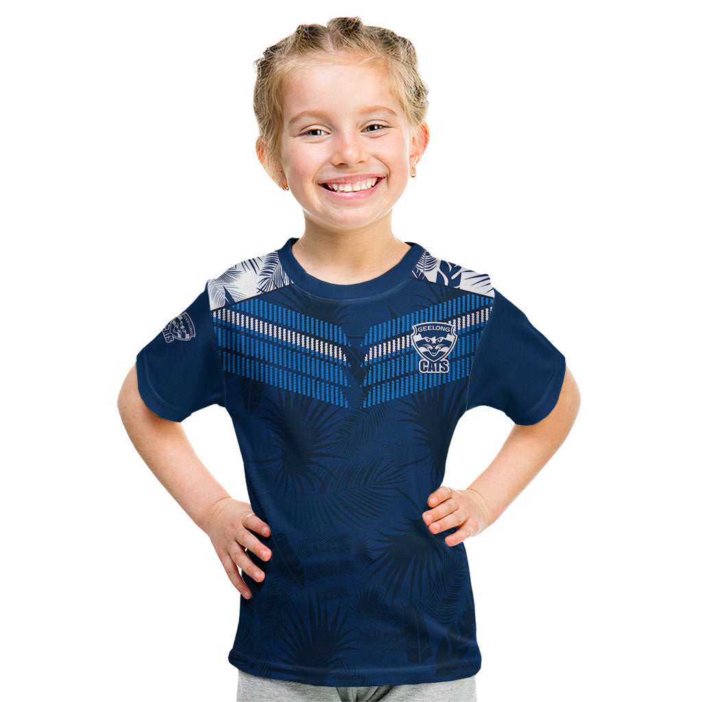custom-text-and-number-geelong-cats-football-kid-t-shirt-simple-hawaiian-palms-leaf