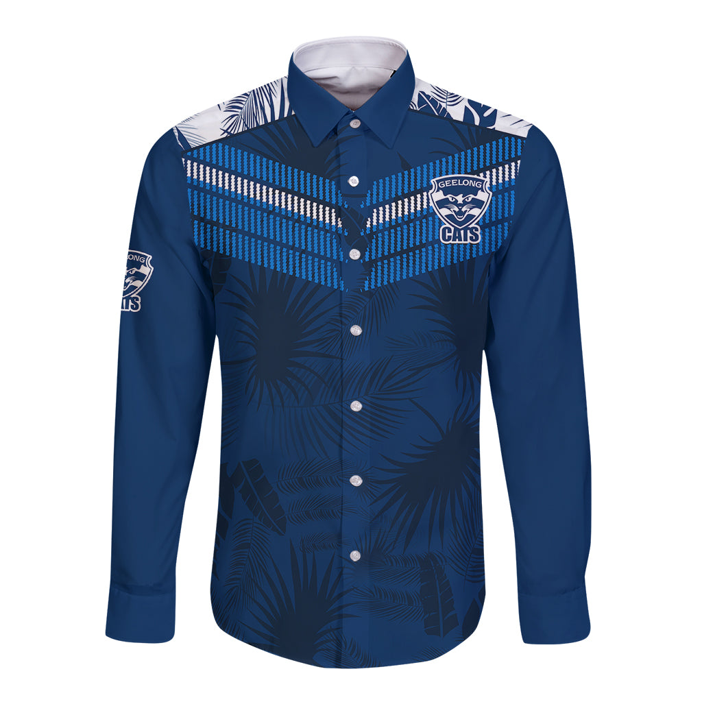 custom-text-and-number-geelong-cats-football-long-sleeve-button-shirt-simple-hawaiian-palms-leaf