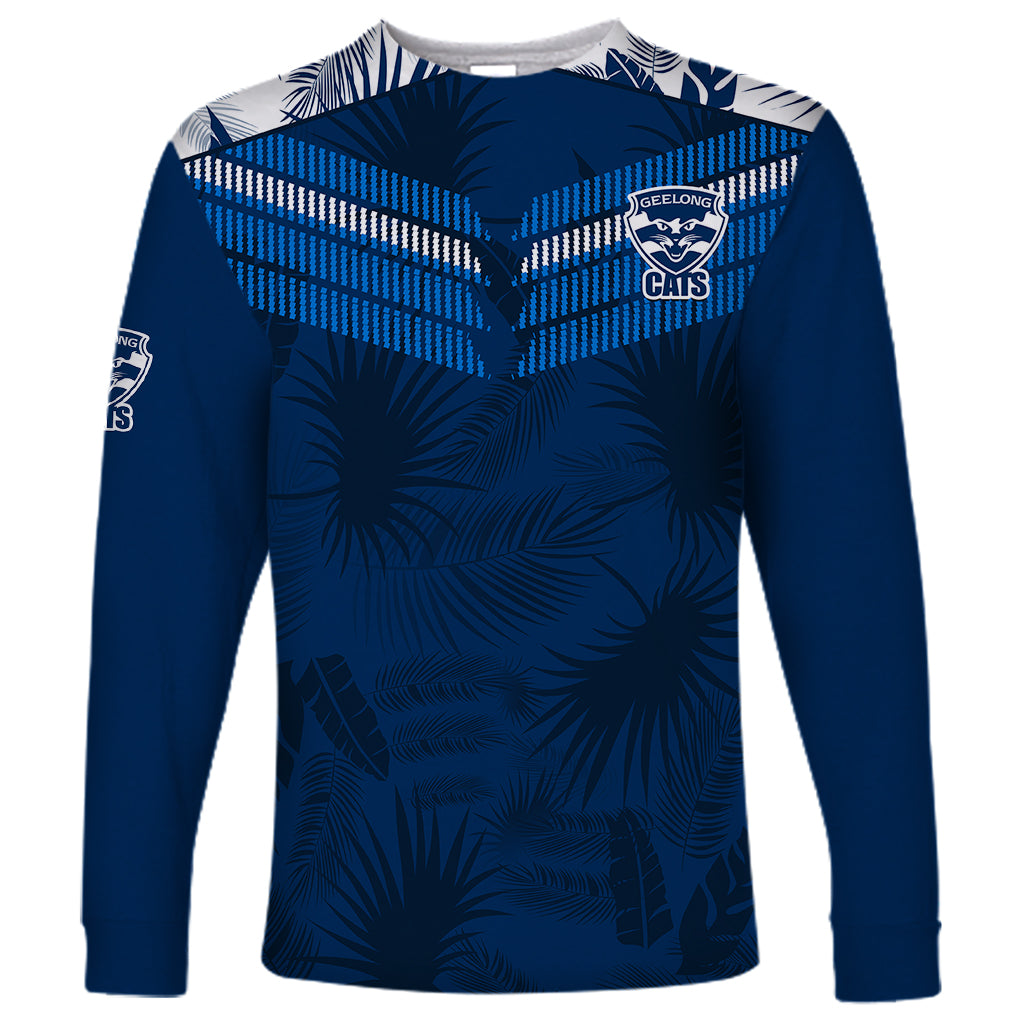 custom-text-and-number-geelong-cats-football-long-sleeve-shirt-simple-hawaiian-palms-leaf