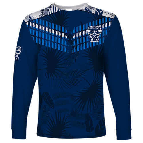 custom-text-and-number-geelong-cats-football-long-sleeve-shirt-simple-hawaiian-palms-leaf