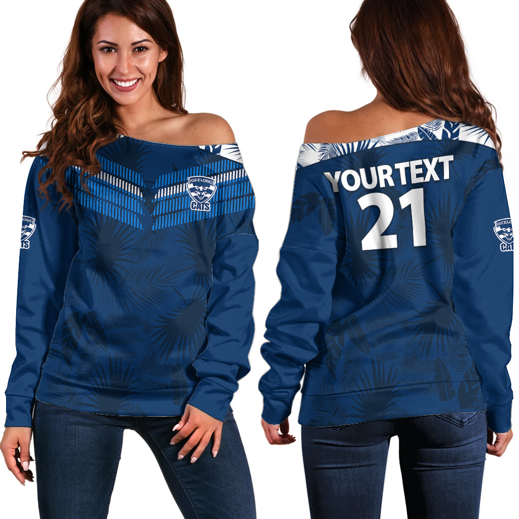 custom-text-and-number-geelong-cats-football-off-shoulder-sweater-simple-hawaiian-palms-leaf