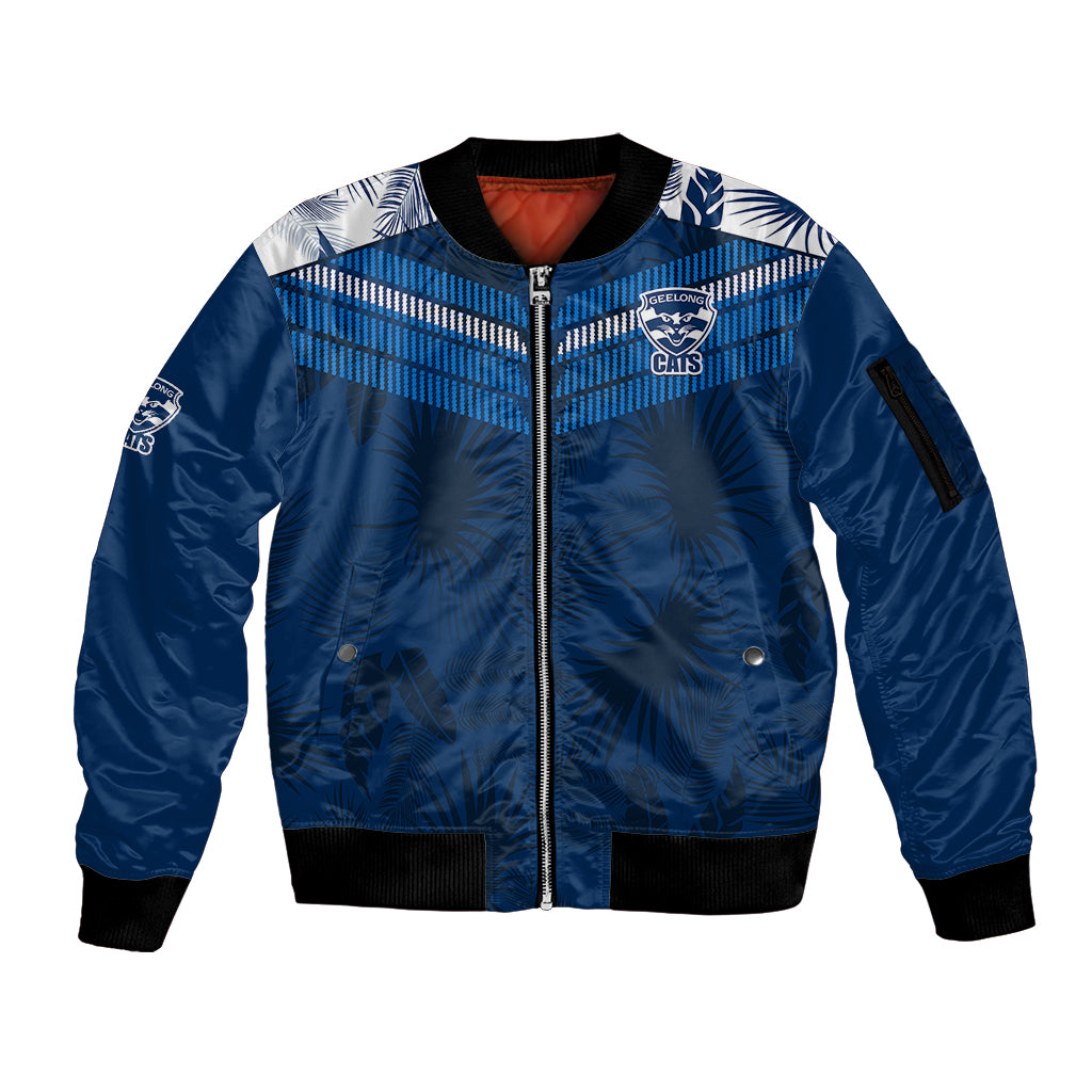custom-text-and-number-geelong-cats-football-sleeve-zip-bomber-jacket-simple-hawaiian-palms-leaf