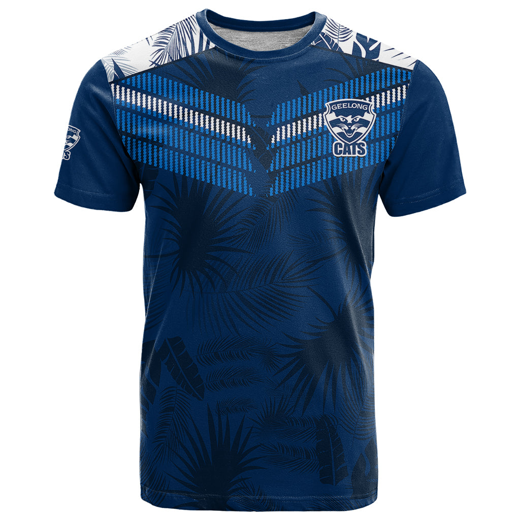 custom-text-and-number-geelong-cats-football-t-shirt-simple-hawaiian-palms-leaf