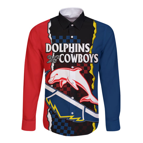 custom-text-and-number-nrl-combine-dolphins-and-cowboys-long-sleeve-button-shirt