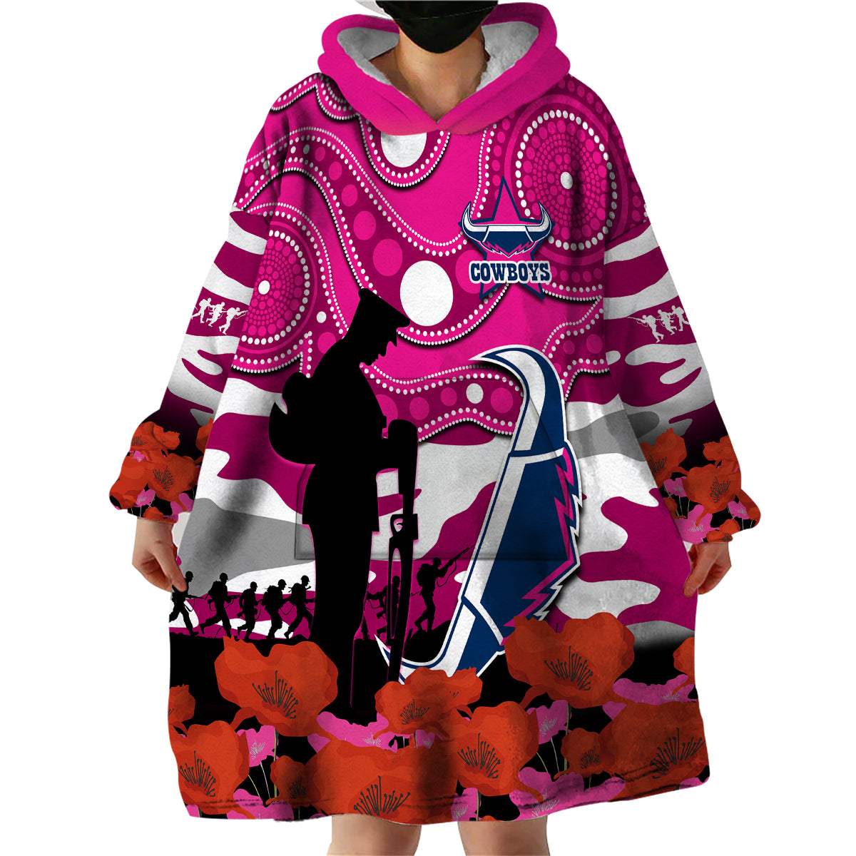 cowboys-rugby-anzac-2023-wearable-blanket-hoodie-poppy-mix-aboriginal-magenta-version