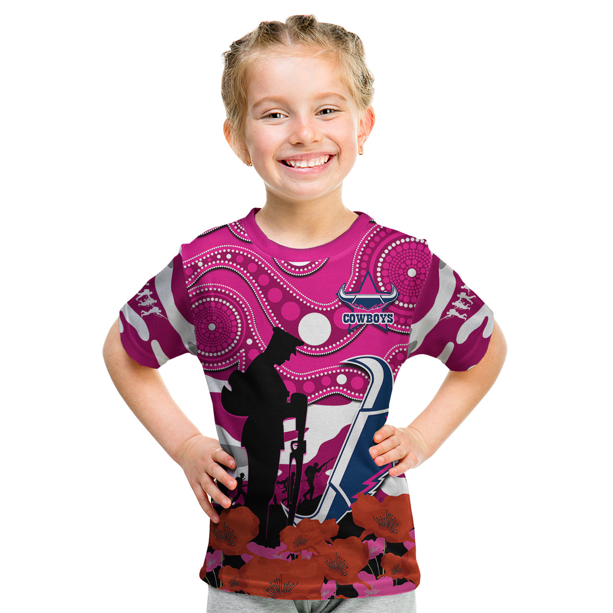 custom-text-and-number-cowboys-rugby-anzac-2023-kid-t-shirt-poppy-mix-aboriginal-magenta-version