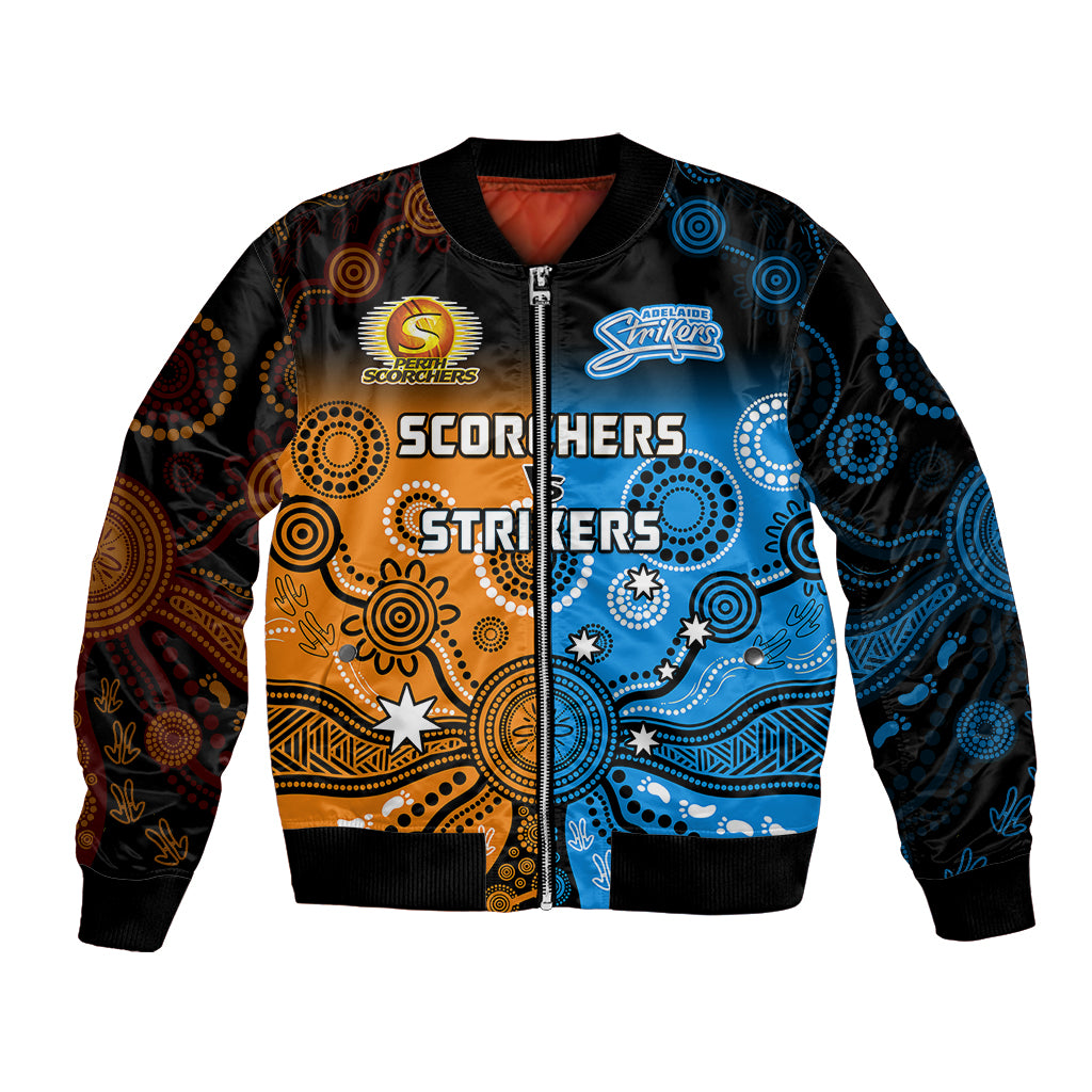custom-text-and-number-perth-scorchers-and-adelaide-strikers-cricket-bomber-jacket-aboriginal-art