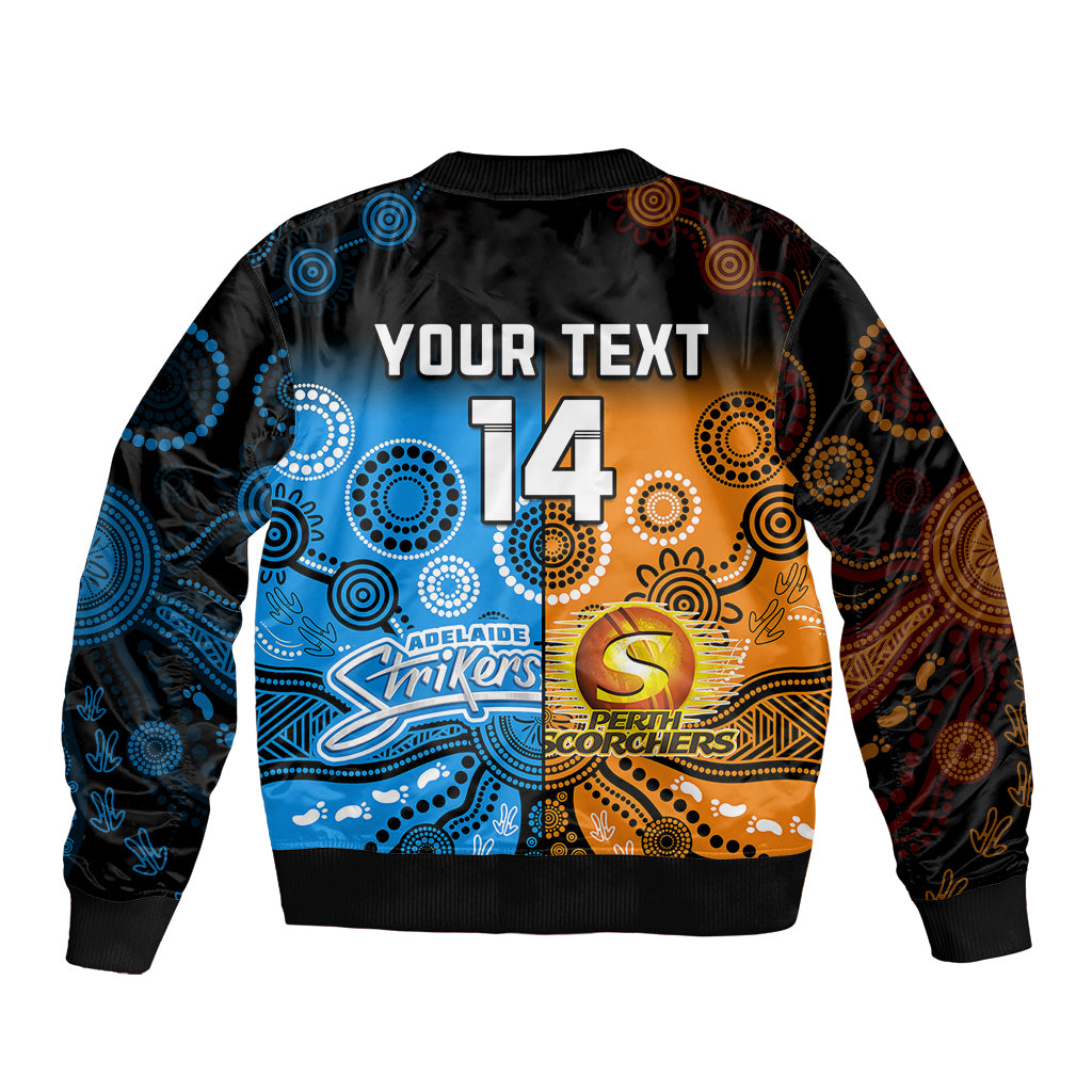 custom-text-and-number-perth-scorchers-and-adelaide-strikers-cricket-bomber-jacket-aboriginal-art