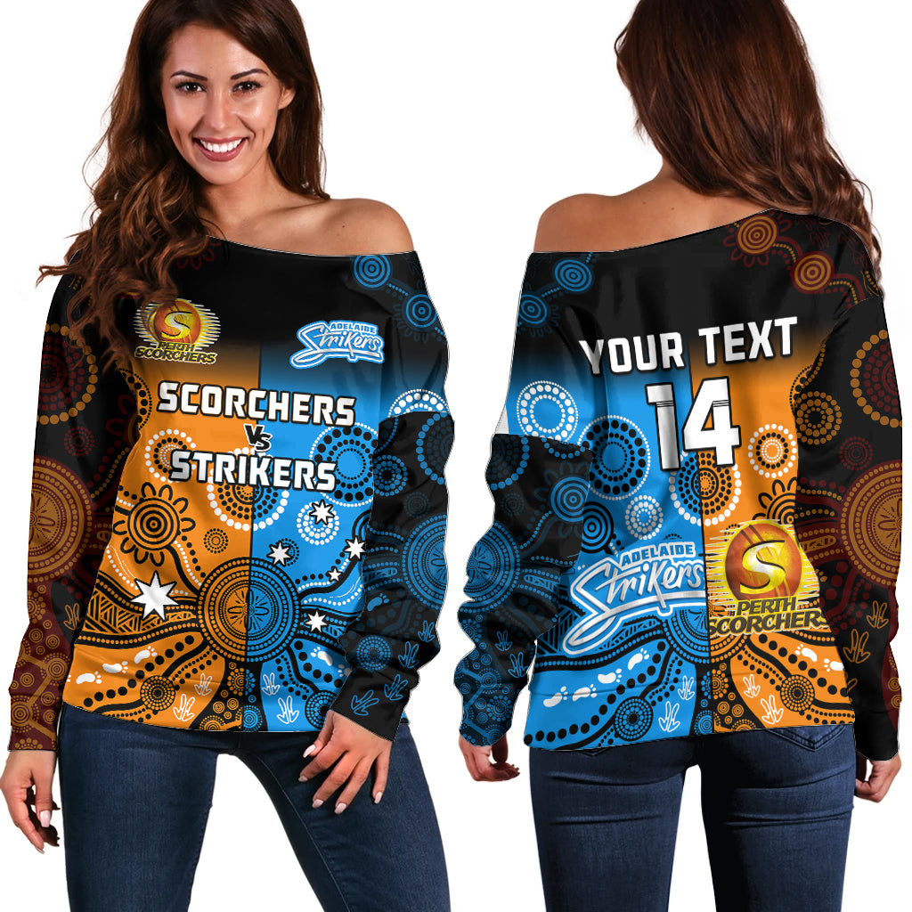 custom-text-and-number-perth-scorchers-and-adelaide-strikers-cricket-off-shoulder-sweater-aboriginal-art