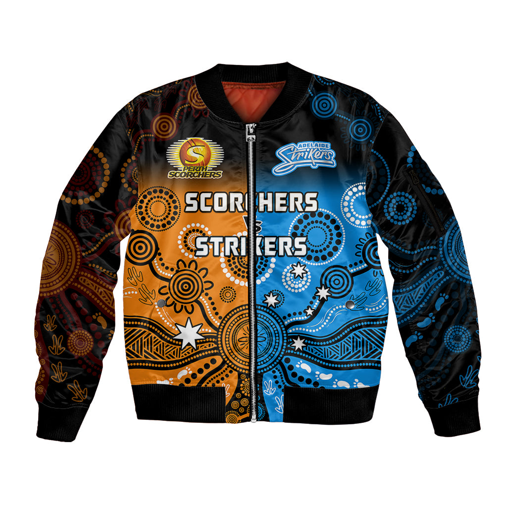 custom-text-and-number-perth-scorchers-and-adelaide-strikers-cricket-sleeve-zip-bomber-jacket-aboriginal-art