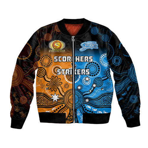 custom-text-and-number-perth-scorchers-and-adelaide-strikers-cricket-sleeve-zip-bomber-jacket-aboriginal-art