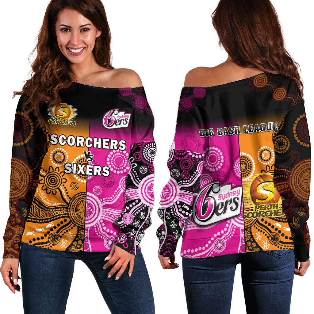 perth-scorchers-and-sydney-sixers-cricket-off-shoulder-sweater-aboriginal-art