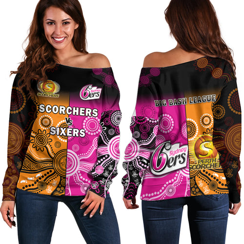 perth-scorchers-and-sydney-sixers-cricket-off-shoulder-sweater-aboriginal-art