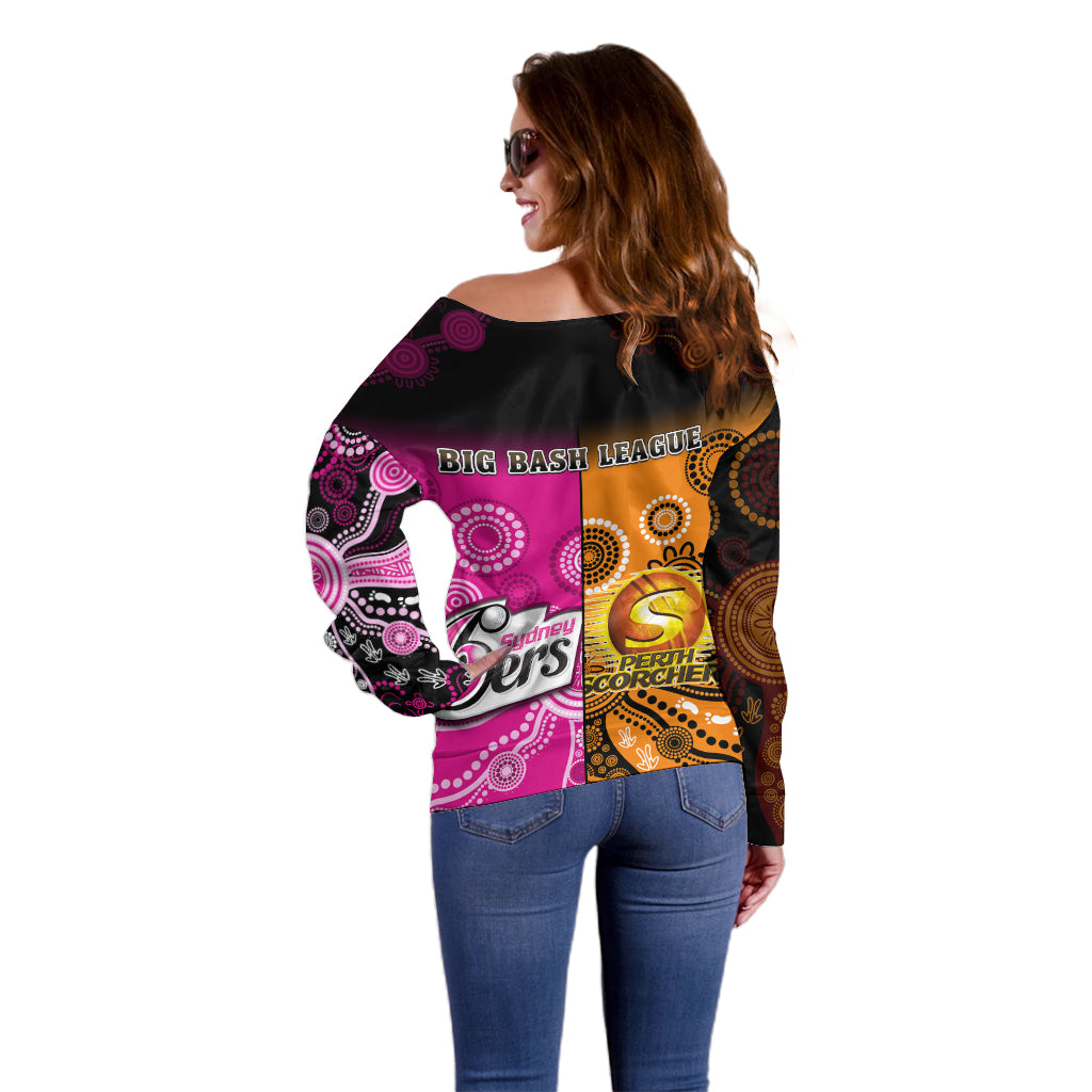 perth-scorchers-and-sydney-sixers-cricket-off-shoulder-sweater-aboriginal-art