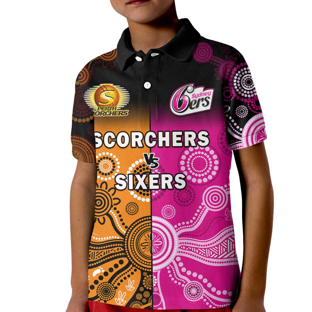 custom-text-and-number-perth-scorchers-and-sydney-sixers-cricket-kid-polo-shirt-aboriginal-art
