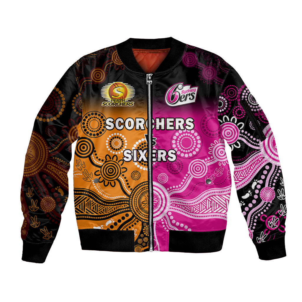 custom-text-and-number-perth-scorchers-and-sydney-sixers-cricket-sleeve-zip-bomber-jacket-aboriginal-art